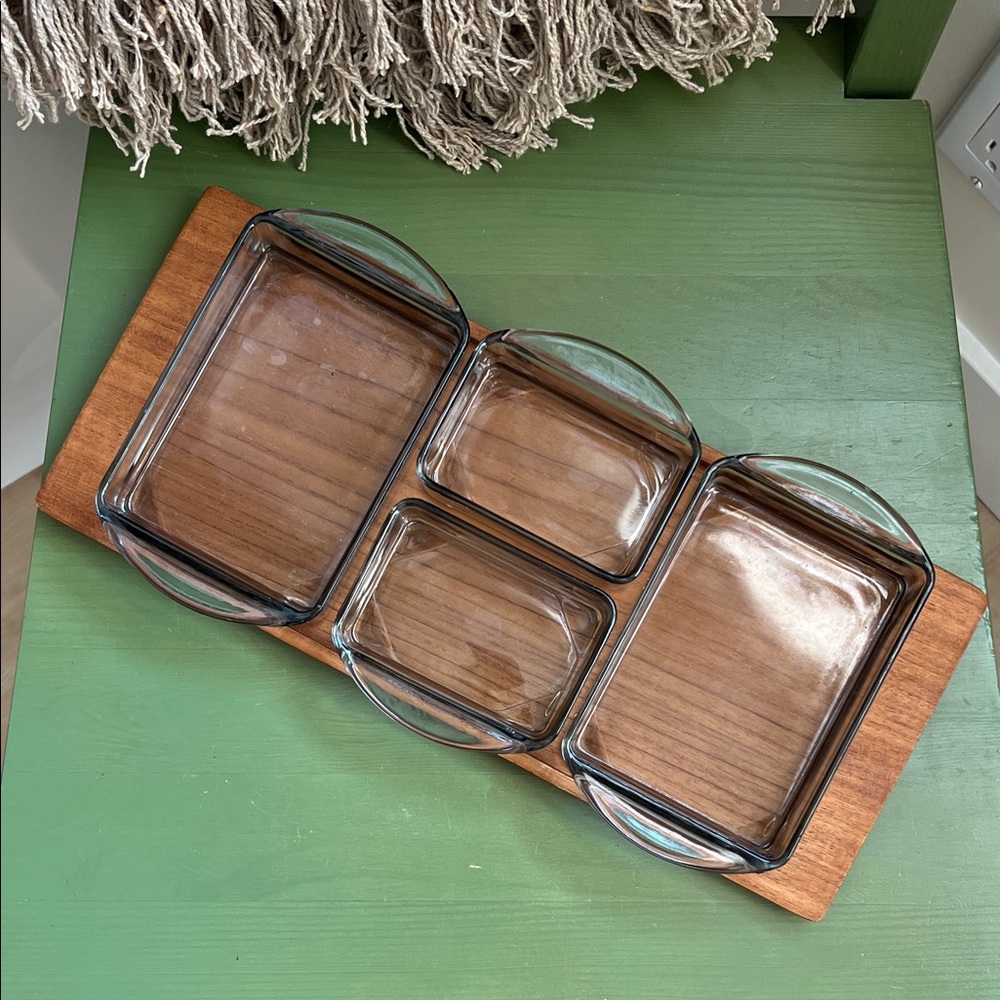Vintage 1960s Danish Teak & Glass Snack Tray Set by Lüthje Wood - MCM